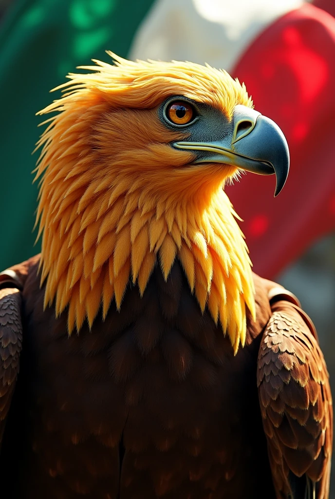 Only the large head of a golden eagle in profile, and in the background the colors of the Mexican flag 