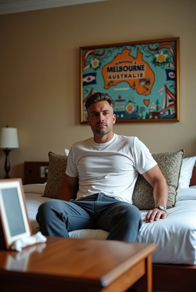 Homme caucasien grand de taille, charmant, un peu costaud, habillé en pantalon et tee-shirt manche longue, assis ou adossé sur une table dans une grande chambre d'hôtel et sur la table sur laquelle est assis ou adossé le charmant homme il faut qu'il y ait un papier mouchoir déjà utilisé sur la table et sur le lit de l'hôtel qu'il soit déposer un cadre photo grand ou moyen qu'il est possible de faire arrêter sur le lit et faire face à la caméra et sur le mur du chevet du lit un tableau sur lequel il est écrit en français : Bienvenue à Melbourne AUSTRALIE et autour de la phrase qu'il y ait les emblèmes du Canada Québec ou le drapeau du Canada Québec