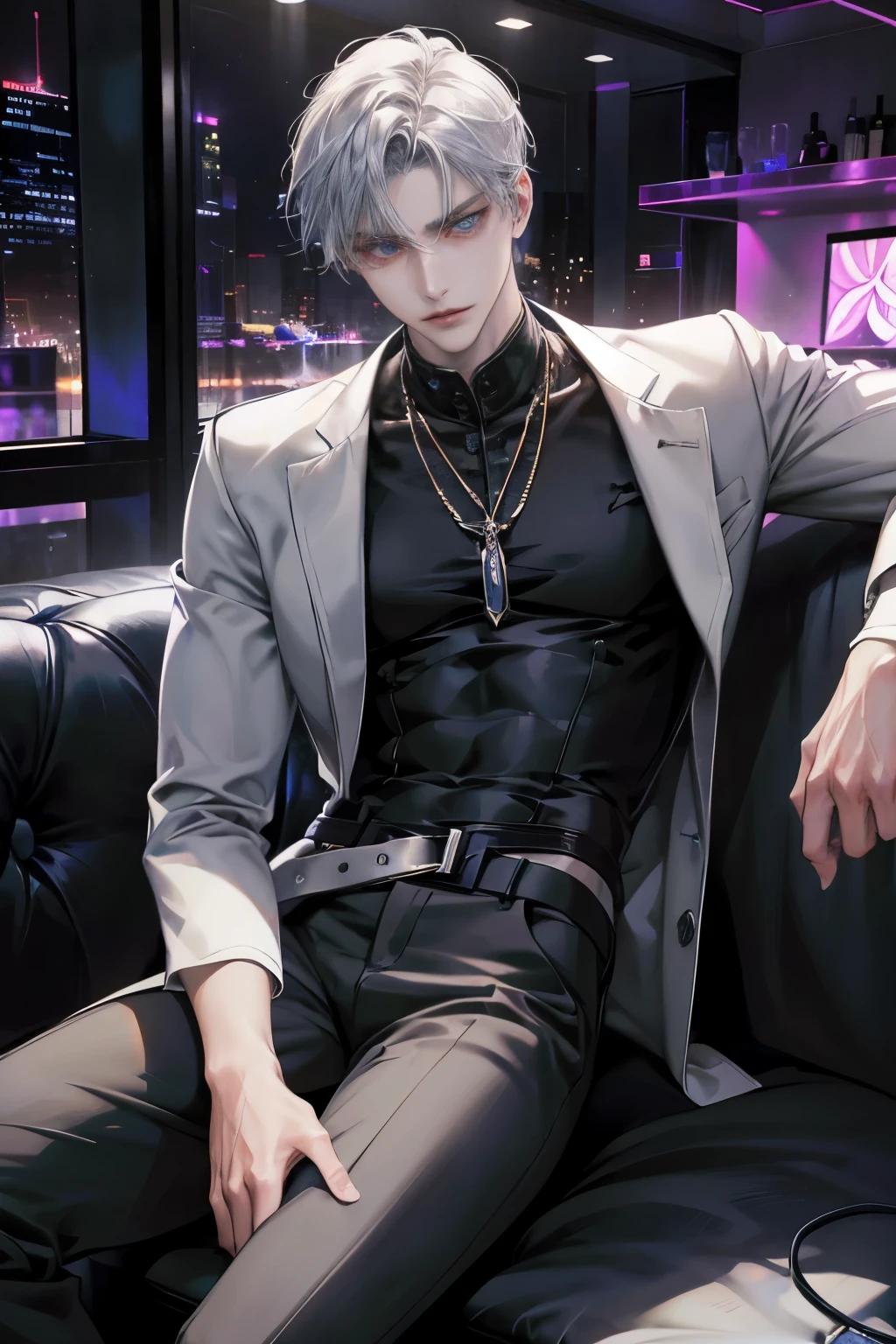anime man sitting on a couch with a black shirt and a gray jacket, handsome anime pose, handsome guy in demon slayer art, anime handsome man, tall anime guy with blue eyes, male anime character, beautiful androgynous prince, trending on artstation pixiv, trending on cgstation, delicate androgynous prince, highly detailed exquisite fanart, xqc