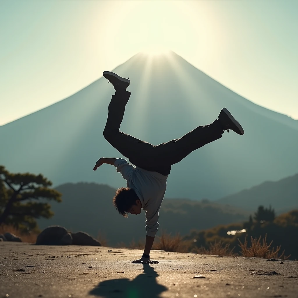 Japanese Bboy dressed in hip hop clothes, performing a breakdance freeze in front of Mount Fuji, with the volcano in sharp focus and the background blurred, creating a cinematic atmosphere. The bboy's pose should convey strength and dynamism, contrasting with the serenity of the mountain. dramatic lighting, with sun rays hitting the bboy and Mount Fuji, Enhancing the Scene. Visual Style: アニメ, cinematographic, realisitic.