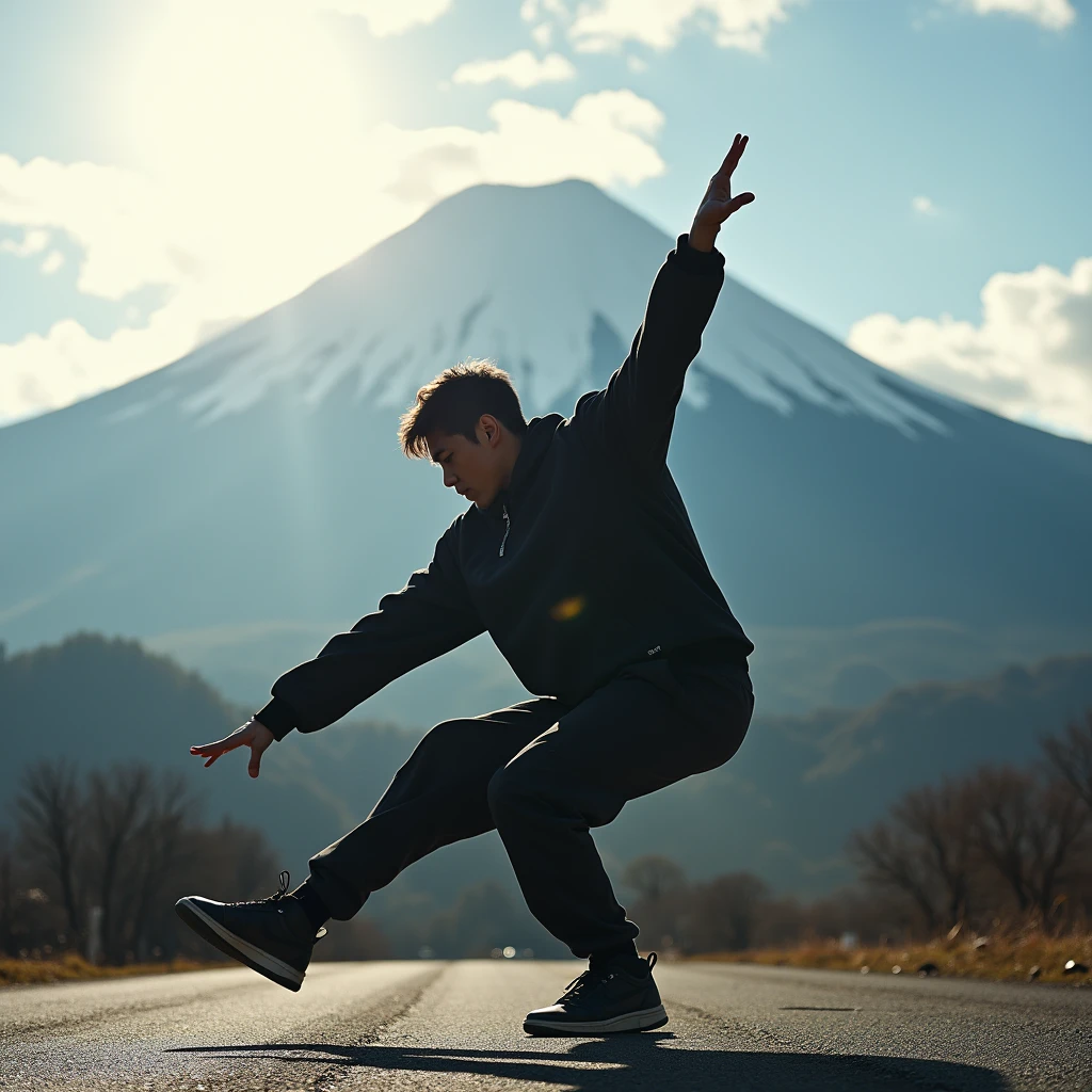 Japanese Bboy dressed in hip hop clothes, performing a breakdance freeze in front of Mount Fuji, with the volcano in sharp focus and the background blurred, creating a cinematic atmosphere. The bboy's pose should convey strength and dynamism, contrasting with the serenity of the mountain. dramatic lighting, with sun rays hitting the bboy and Mount Fuji, Enhancing the Scene. Visual Style: アニメ, cinematographic, realisitic.