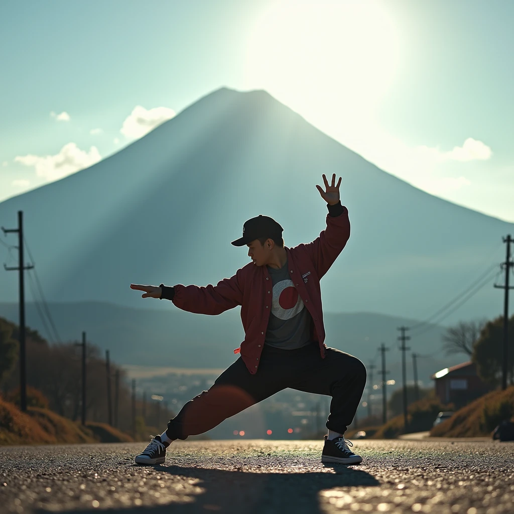 Japanese Bboy dressed in hip hop clothes, performing a breakdance freeze in front of Mount Fuji, with the volcano in sharp focus and the background blurred, creating a cinematic atmosphere. The bboy's pose should convey strength and dynamism, contrasting with the serenity of the mountain. dramatic lighting, with sun rays hitting the bboy and Mount Fuji, Enhancing the Scene. Visual Style: アニメ, cinematographic, realisitic.