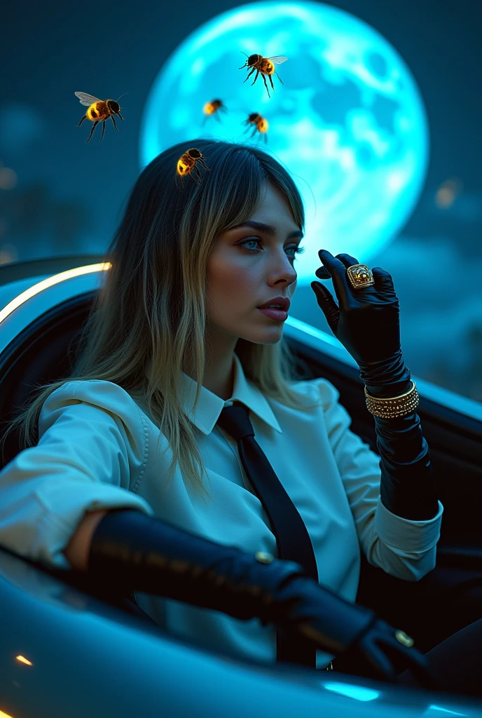 Woman with long black and blonde hair wearing a white blouse with a black tie, large black gloves with rings on her fingers, luxury rings. She has a bee antenna.
Inside a futuristic car.
Background : with a blue moon and many bees flying