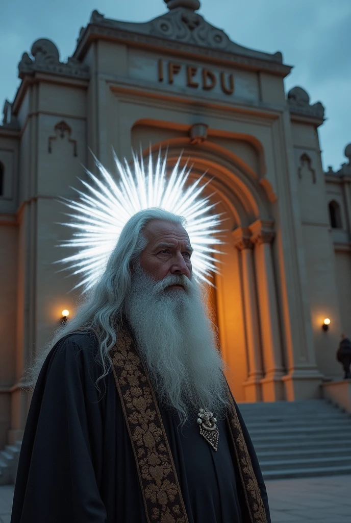 Man with a white aura on his head , very wise , hair grey, just a beard on his face and behind him his new temple called the church of the eduardona faith of the last days, I need you to put the initials of the temple above the church, IFEDU, It can't be a church, it's just a temple