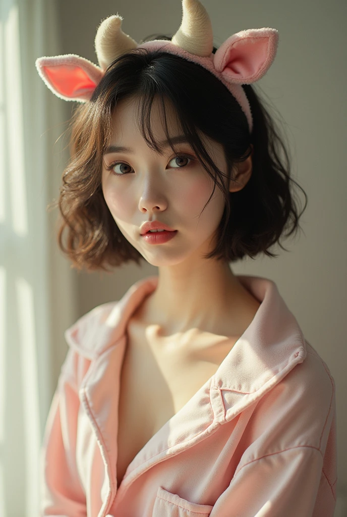 (Best Quality, 8k, 32K, masterpiece, ultra high definition: 1.3), (K-POP idol: 1.3), 1 ultra realistic Asian girl, (gigantic breasts: 2.7), (short hair),  Perfect shape, Ultra Fine Face, delicate lips, Pajama bed cow ears bikini with double eyelids Beautiful Eyes (sultry, sexy) ((woken up: 1.5))