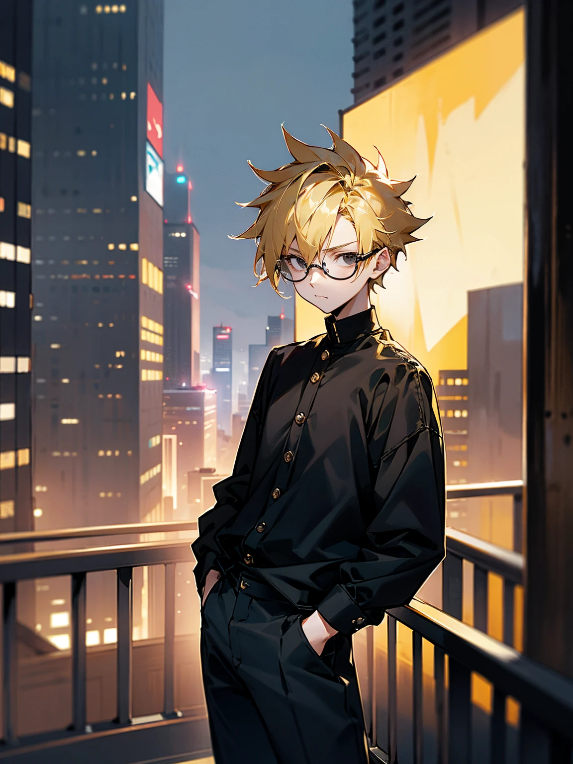 1male, black shirt, blonde hair, black eyes, spiky hair, black baggy pants, city, crowded, glasses, facing viewer, hands in pocket
