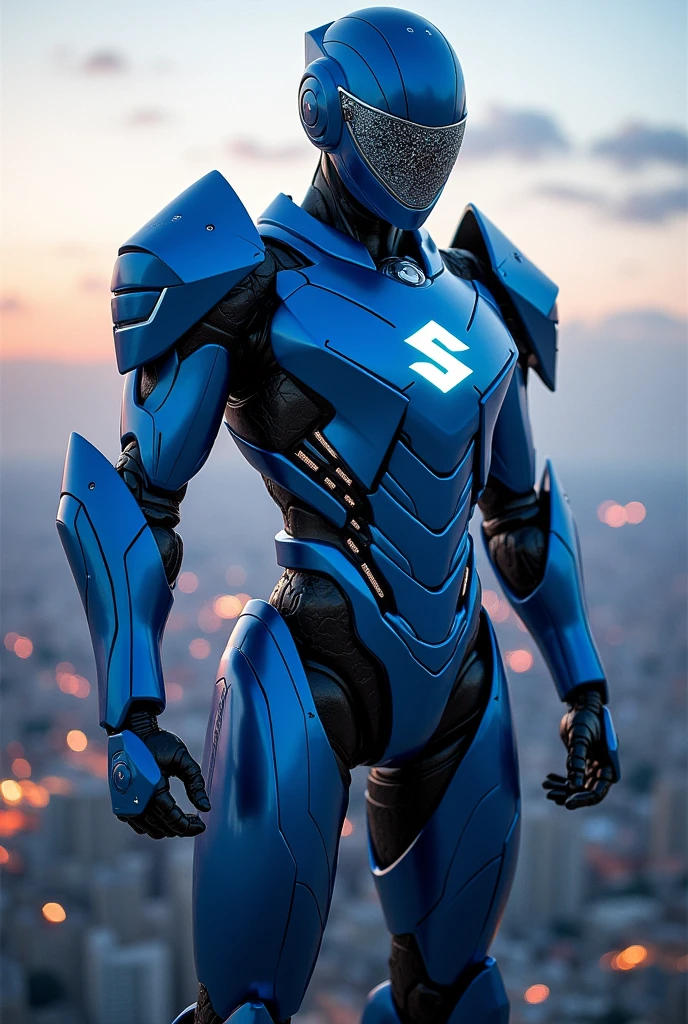 Imagine an android with blue and white armor, Suzuki's characteristic colors. on his chest, it bears the Suzuki logo engraved in metal. Its armor has aerodynamic lines and details reminiscent of the brand's motorcycles. It wears a helmet with a visor that displays battle data and statistics. Its arms end in mechanical hands with integrated tools and weapons.