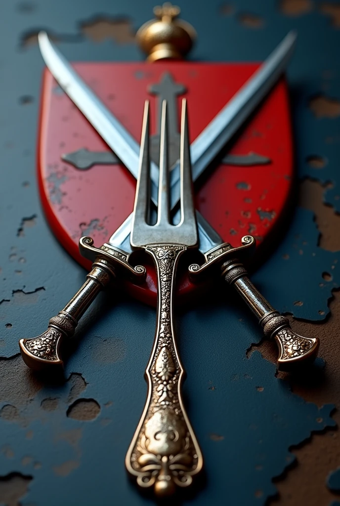 Red and blue coat of arms with swords behind the shield, A fork in front