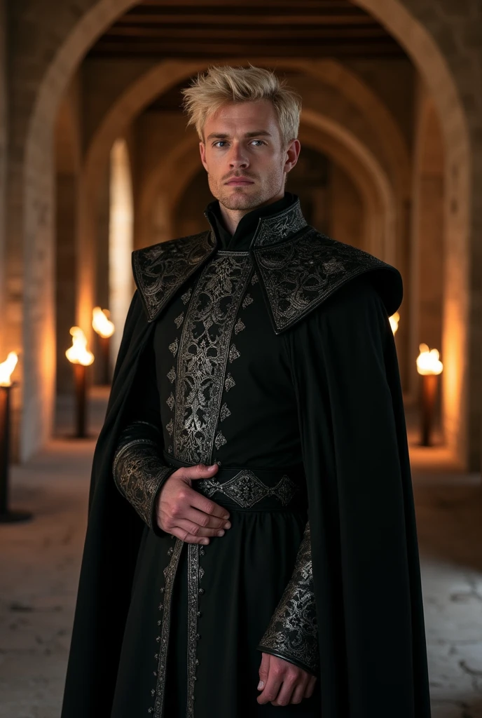 41 year old blond man in black medieval clothes and a big nose, tidy hair and serious expression on his face