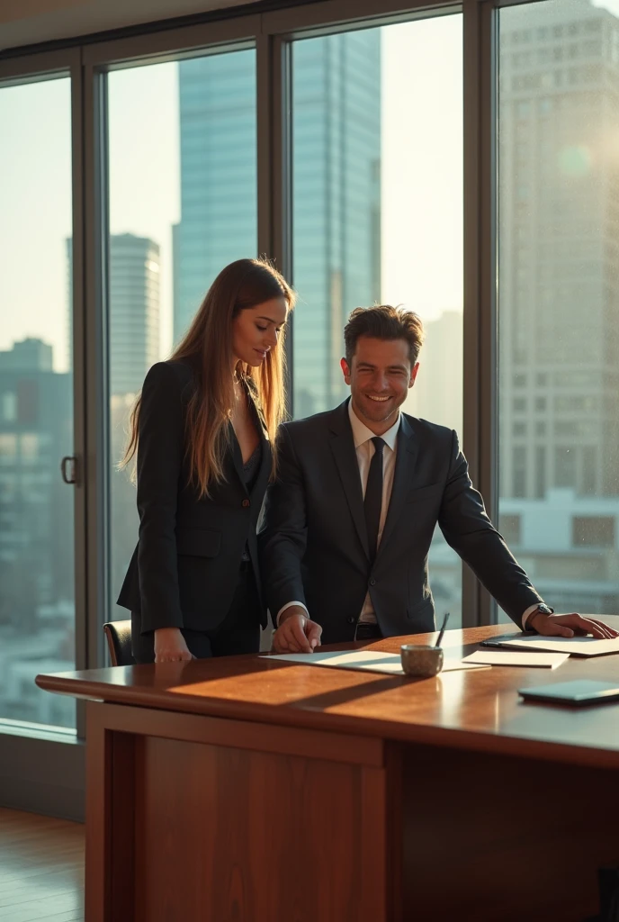 A successful man with his secretary  in office  so close with secretary.she is hot

