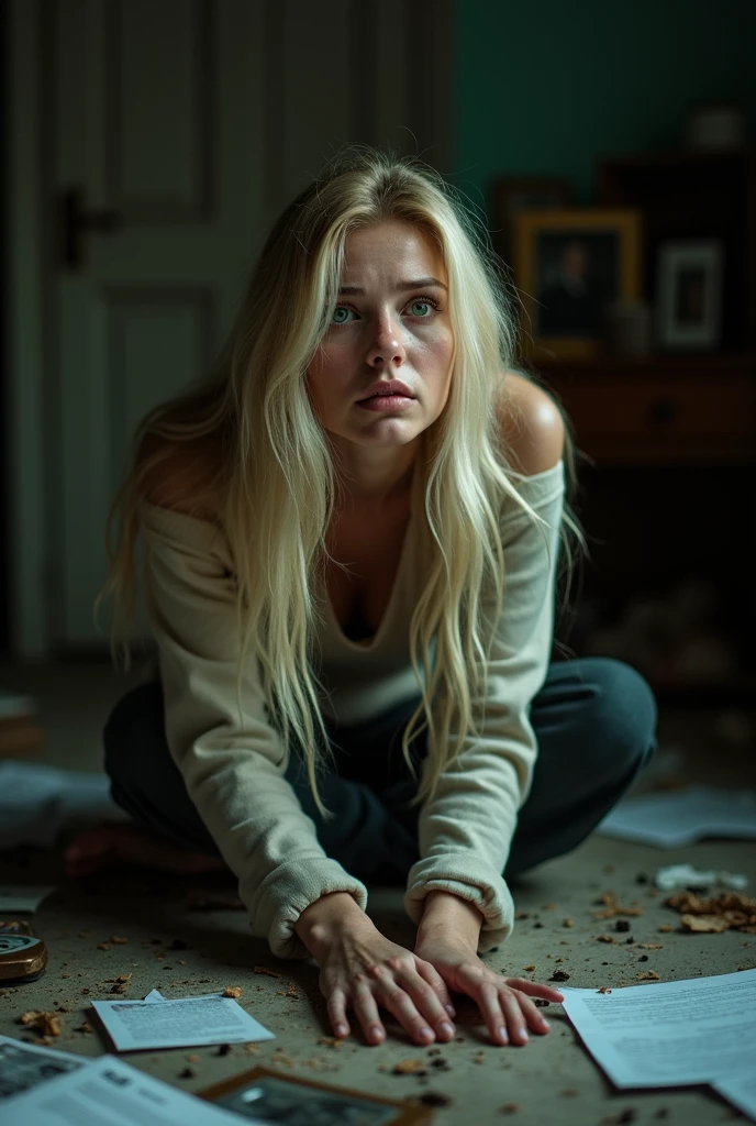 Make a blonde woman with green eyes crying on the floor