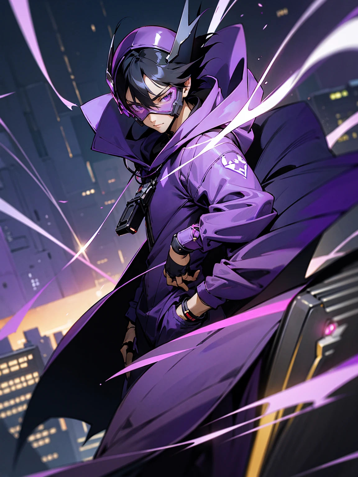 1male, black hair, purple visor, purple eyes, cape, hood over head, full robot mask, purple speed suit, facing viewer, road, city, purple cloak, masterpiece quality, beanie, hands in pocket