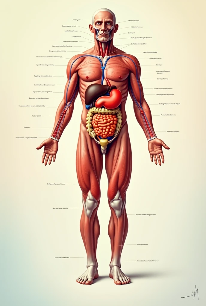 A portrait showing the details of human anatomy and names of every organ system and organ 