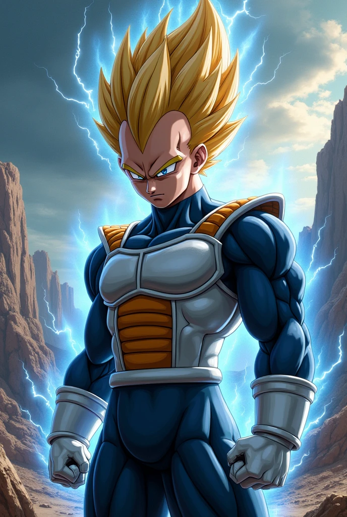 Vegeta's hair is spiked up into a point.. He wore a dark blue suit and over it the typical armor worn by Saiyans. 