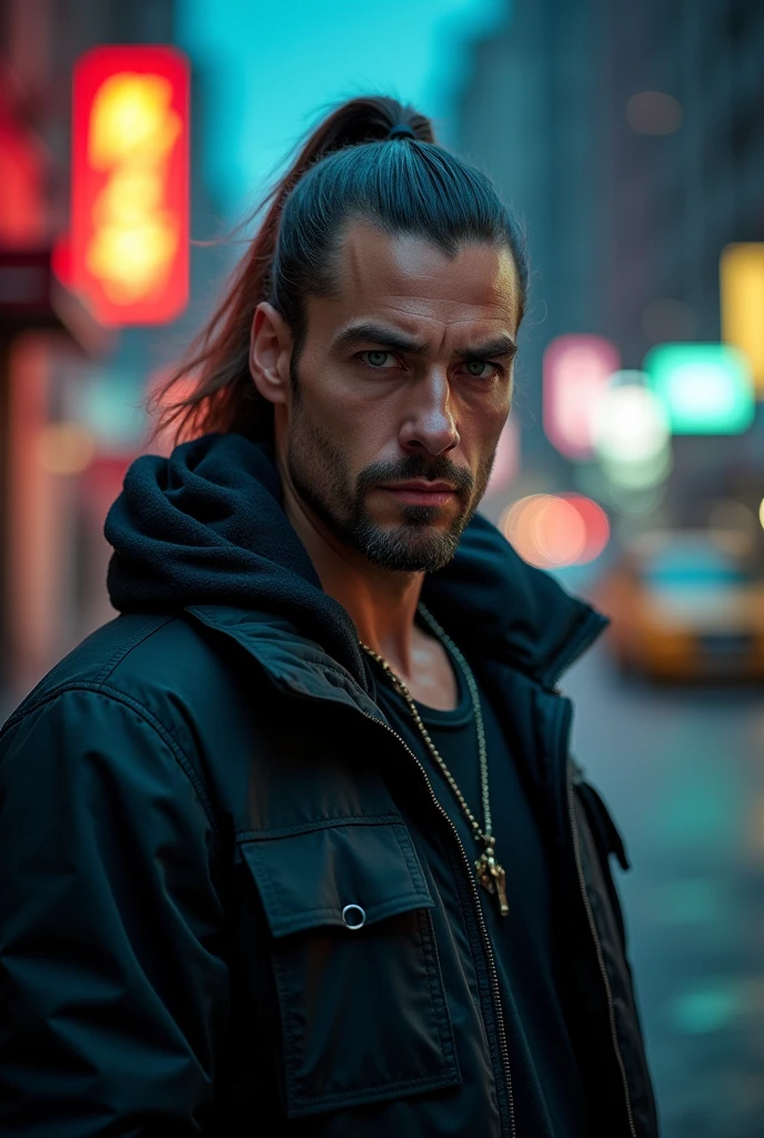 Muscular middle-aged man with goatee, long hair tied in a ponytail, green eyes, strong features and urban style clothing, moody and dramatic background, 8k, HDR, taken with an iPhone for instagram.