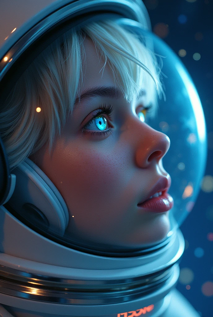 (Close-up of a better masterpiece:1.5)0.9], (Space and astronauts:1.2) (Messy silver hair:1.1) (Heterochromia xanthochromia and blue eyes:1.2) (Space Helmet:1.0) (Colored stars in the eyes:1.0) (A radiant glow:1.1) (thick lips:0.9)