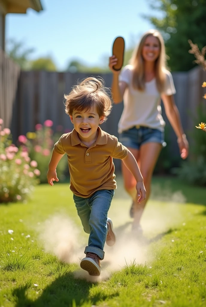 Image of a boy running away from his mother's slipper