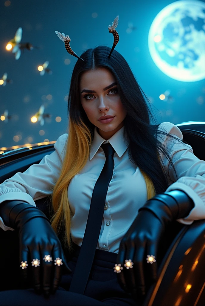 Woman with long black and blonde hair wearing a white blouse with a black tie, large black gloves with rings on her fingers, luxury rings. She has a bee antenna. 
 Inside a futuristic car.
 Background : with a blue moon and many bees flying