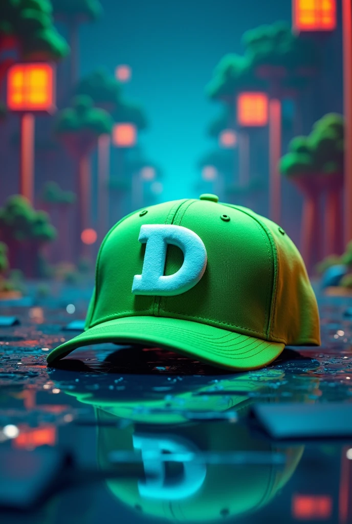 A green cap with the letter D on a pixelated background