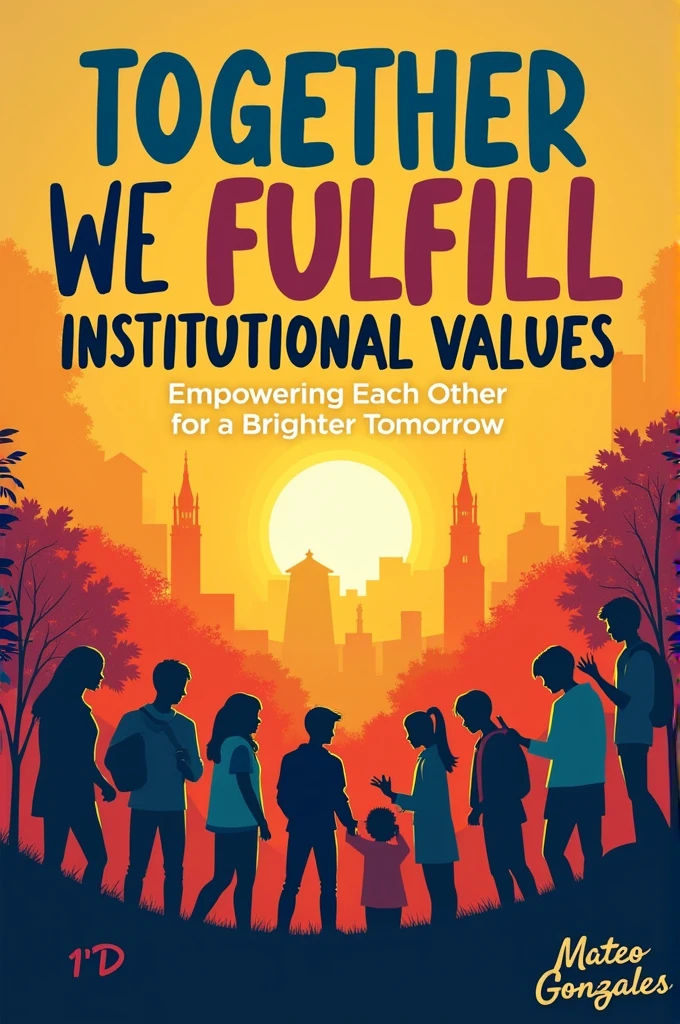 Poster on the topic TOGETHER WE FULFILL OUR INSTITUTIONAL VALUES, will have a title, Text, slogan and image, in the lower right part should go the name Mateo Gonzales "1°D".