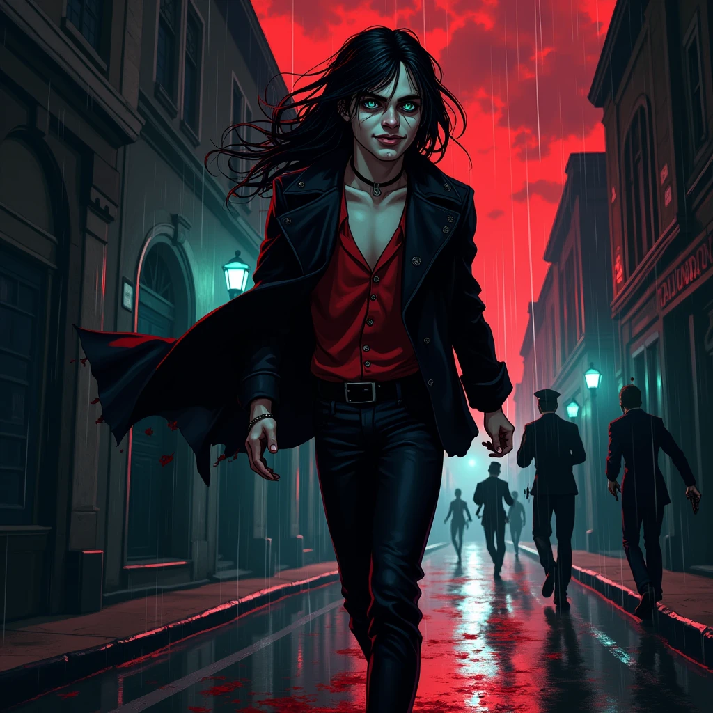 A young sexy male with delicate facial features, long black hair, teal blue eyes, long eyelashes, and gothic black and red clothes. He's a long-wanted serial killer. ((((scary)))) Blood. malicious, insane expression. No facial or body hair. Anime. ((((((((Male, boy)))))))) (Horror) BITCH, MAKE IT MALE. Cops are trying to catch after him. Running. Raining. Vampire. Dark. Red highlights. Red sky. Mysterious. Midnight. Cartoon. Polices running after him. Smirking. Bloody. Red highlights. Red. Blood pouring down. Police cars. Guns.