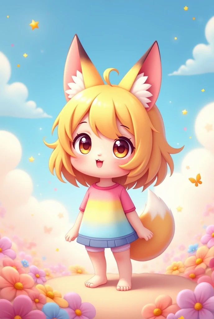 a cartoon 2d small chibi human girl with a fox tail wearing just a pink, yellow, and blue gradient shirt and isn’t wearing anything on her lower half standing up. Her fully bare bottom is visible.