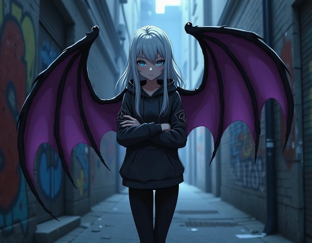 Yumi is a girl of average height, with long white hair, blue eyes and pale skin. She wears a black and gray hoodie on the sides, black pants and black shoes. Yumi has black bat wings with purple interior on her back. She is standing with her arms crossed and a serious expression on her face..