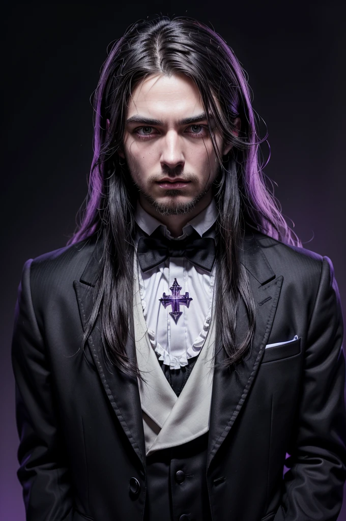 black background, in the center a prominent chin and brutish features man character with long white dreadlock hair, soft strokes, no beard thick bleueyes, expressive and sarcastic look wearing a tailcoat with a sparkling glowing violet gamma cross on the chest , a violet sign in gothic style ((minimaliost)) ((4k)) ((hyperealistic)) him face is like kurt cobain