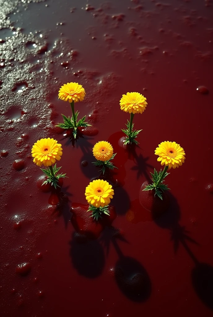 Seven yellow marigolds spaced apart in a puddle of blood. view from above.