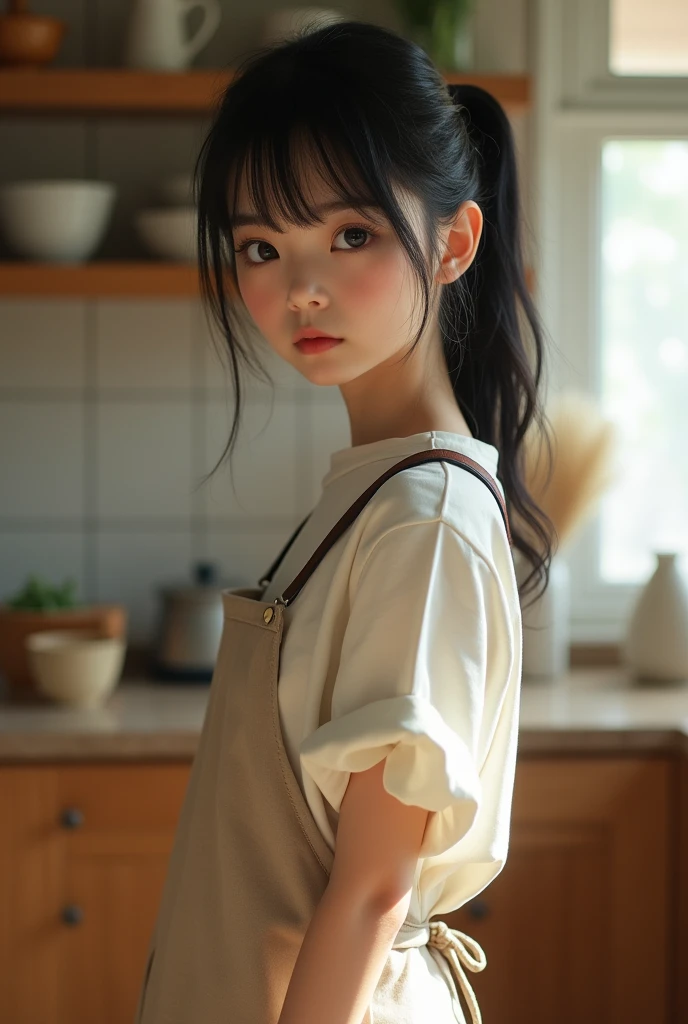 (((Oversized apron、Baggy apron、shot from a side angle、My chest is visible through the gap in the armpit.)))、(realisitic、Photorealsitic、Ultra-detail、Highest Details Skins、top-quality、​masterpiece、超A high resolution)、A Japanese Lady、、hi-school girl、I have bangs、double eyelid、Large black eyes、large full breasts