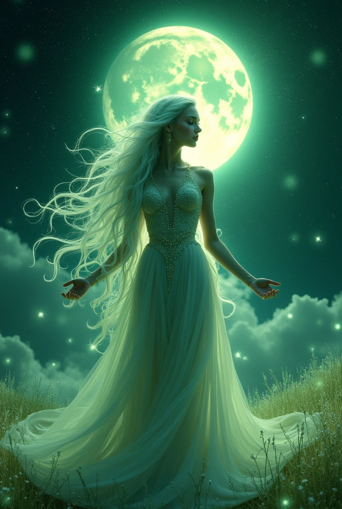 A Celestial Lobanil Goddess woman with long beautiful greenish hair, white skin and dark eyes.