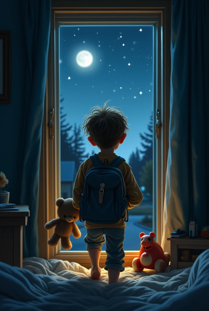 child escaping through the window of his house at night