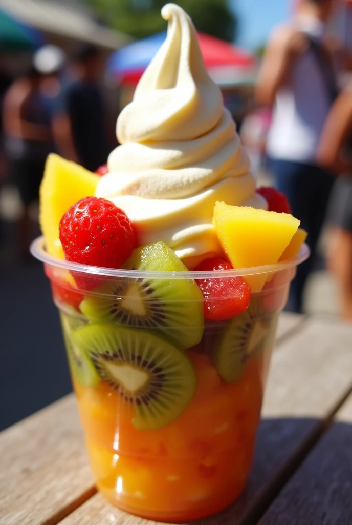 Fruit salad with Colombian ice cream in a plastic cup
