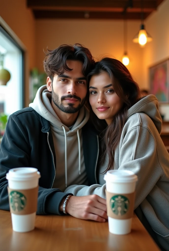 A 21 years old indian handsome boy with medium long hair wearing hoodie and seating with his 20 years old beautiful and fair indian girlfriend and both are seeting on a table with their starbucks coffee and taking selfie and both are not smiling and they must be indian