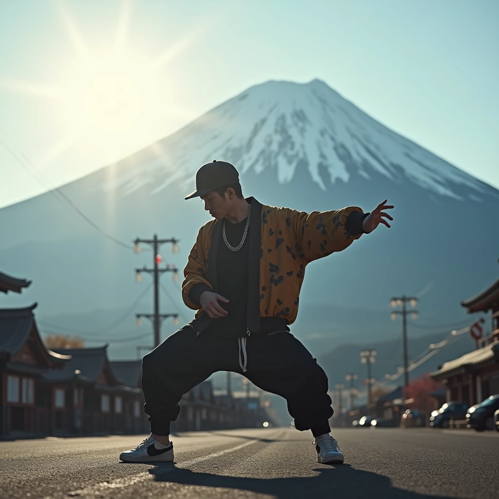 Japanese Bboy dressed in hip hop clothes, performing a breakdance freeze in front of Mount Fuji, with the volcano in sharp focus and the background blurred, creating a cinematic atmosphere. The bboy's pose should convey strength and dynamism, contrasting with the serenity of the mountain. dramatic lighting, with sun rays hitting the bboy and Mount Fuji, Enhancing the Scene. Visual Style: アニメ, cinematographic, realisitic.