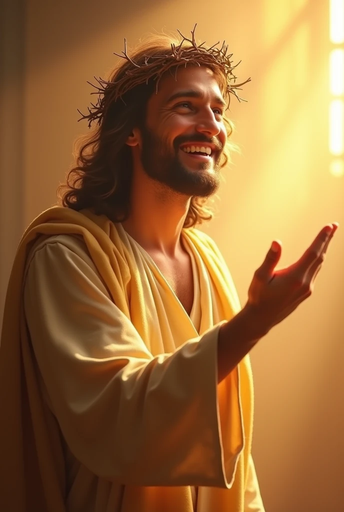 "Jesus Christ wearing a crown of thorns, with a warm and gentle smile on His face, reaching out His hand as if inviting or calling. His expression is full of love and kindness, radiating a welcoming and compassionate presence. The background is softly illuminated with a gentle light, enhancing the feeling of divine invitation and warmth."