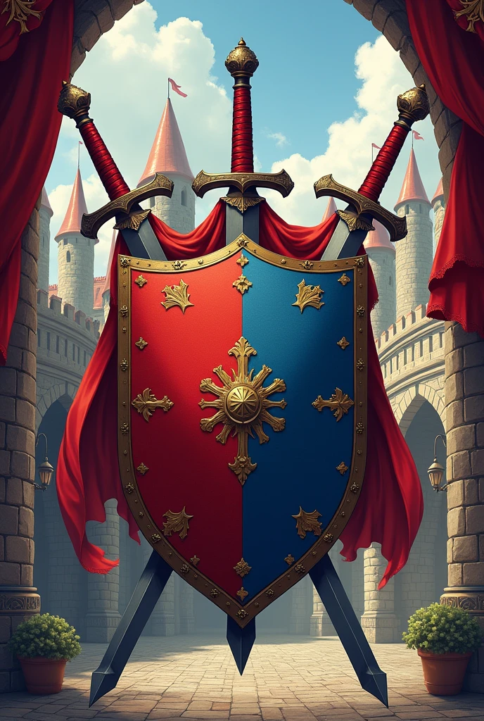 Red and blue coat of arms with swords behind the shield
