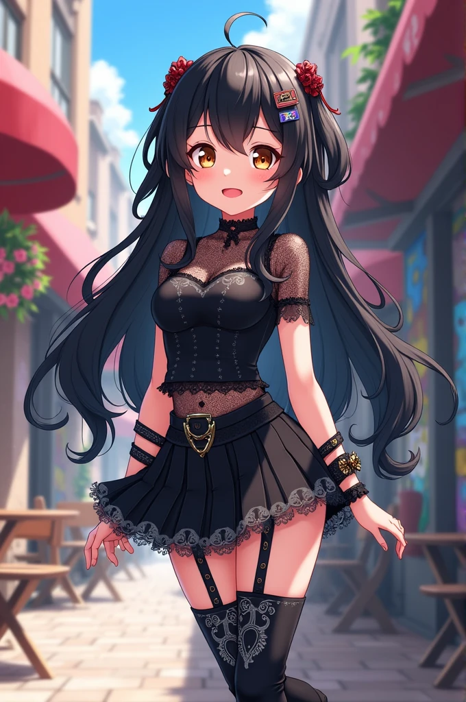 Imagine an anime style girl, black hair and hazel eyes, with a cheerful and playful attitude, dressed in gothic style, Casual.