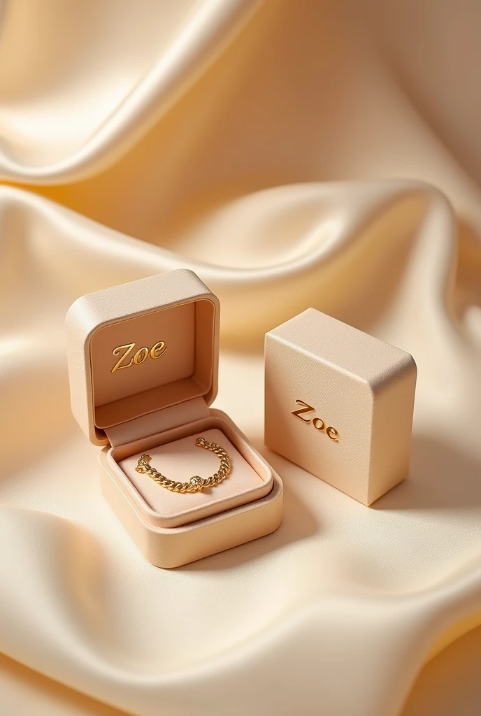 Create plain pastel golden color jewelry boxes, closed and open, with a chain inside, with the name ZOE written in a designed font.