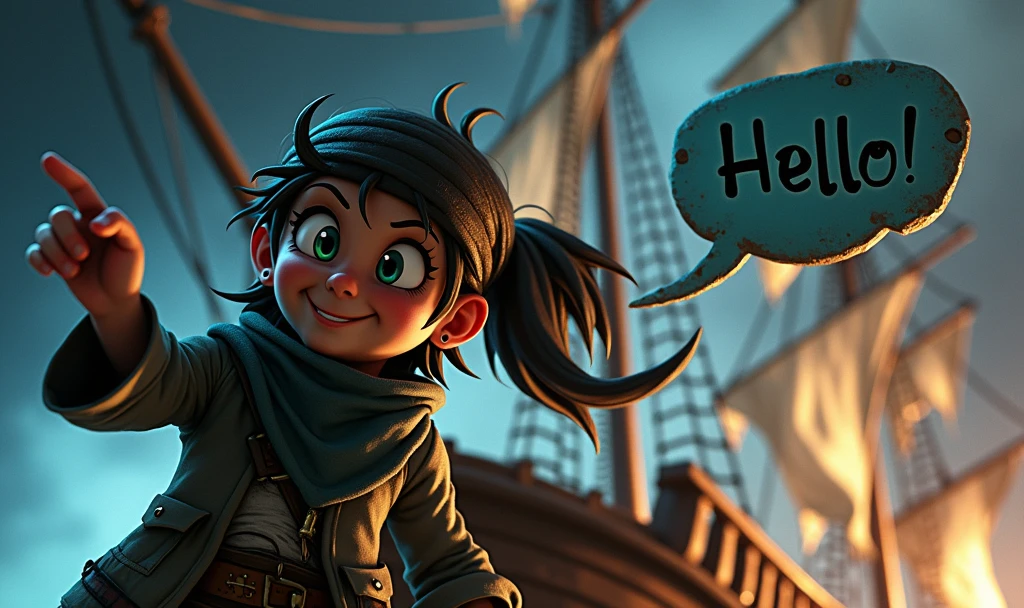 Sketch Character, mischievous face, text bubble next to the face saying "Hello!", pirate ship background, natta, low lighting