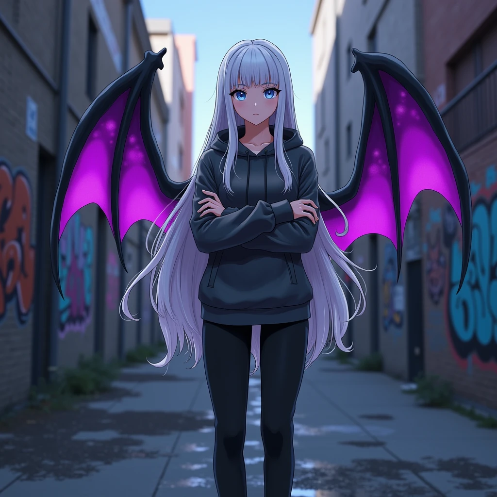 Yumi is a girl of average height, with long white hair, blue eyes and pale skin. She wears a black and gray hoodie on the sides, black pants and black shoes. Yumi has black bat wings with purple interior on her back. She is standing with her arms crossed and a serious expression on her face..