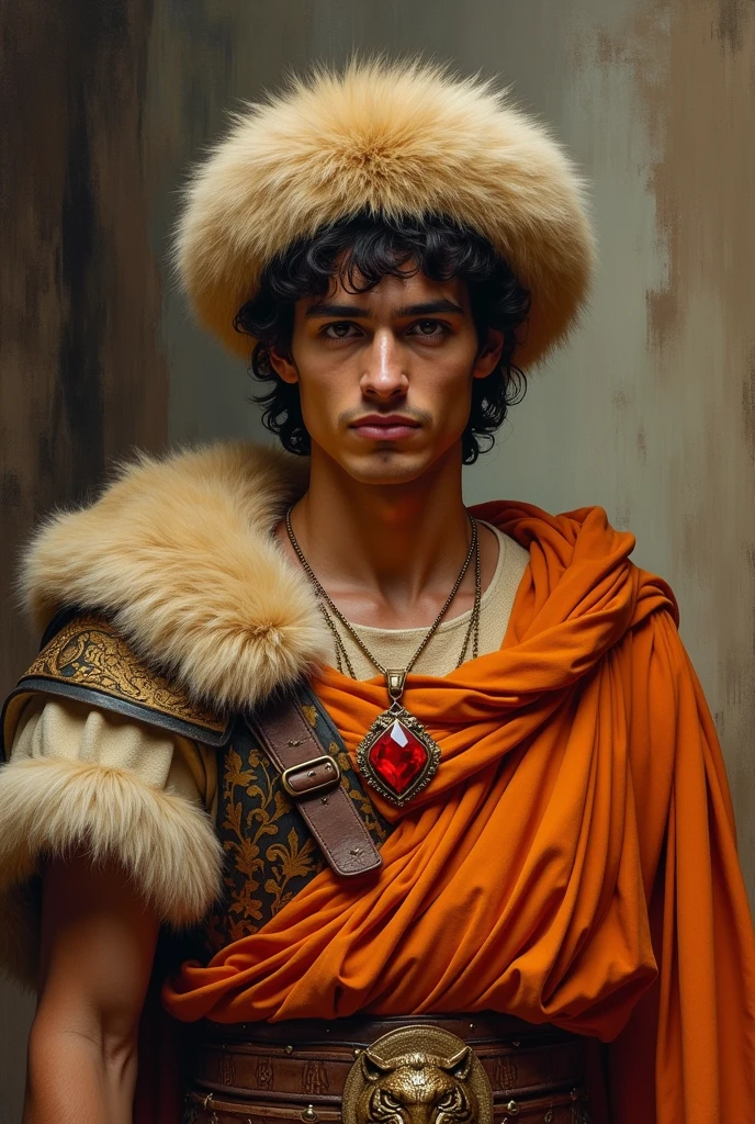 {{Masterpiece, best quality, oil painting, by Théodore Géricault, male focus, high resolution, muted colors}}, the composition is: (((((a dramatic half body portrait of a 25 year old ancient Roman brigand, sexy, tan skin, magnificent, wearing a beige Russian fur hat, he is wearing a red diamond shape pendant))))). ((((He is wearing orange roman uniform made of tiger leather, with samurai inspired elements, Slavic inspired elements)))).