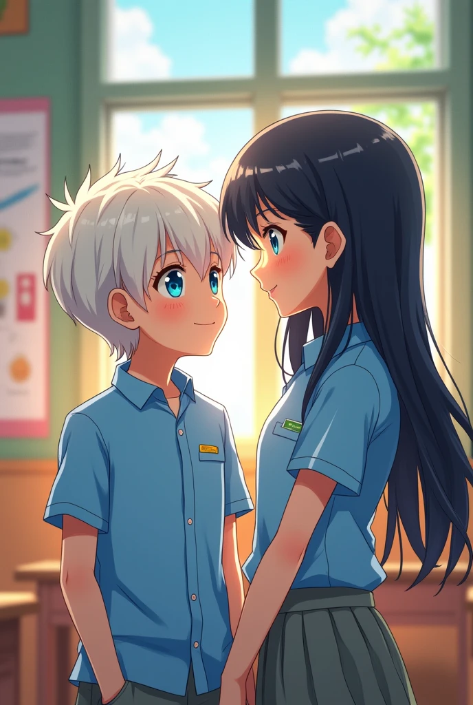 Make an image: Make a white-haired, white-skinned child, blue eyes and Japanese descent, anime boy with blue shirt, , in school with his sister who looks like him, and a woman