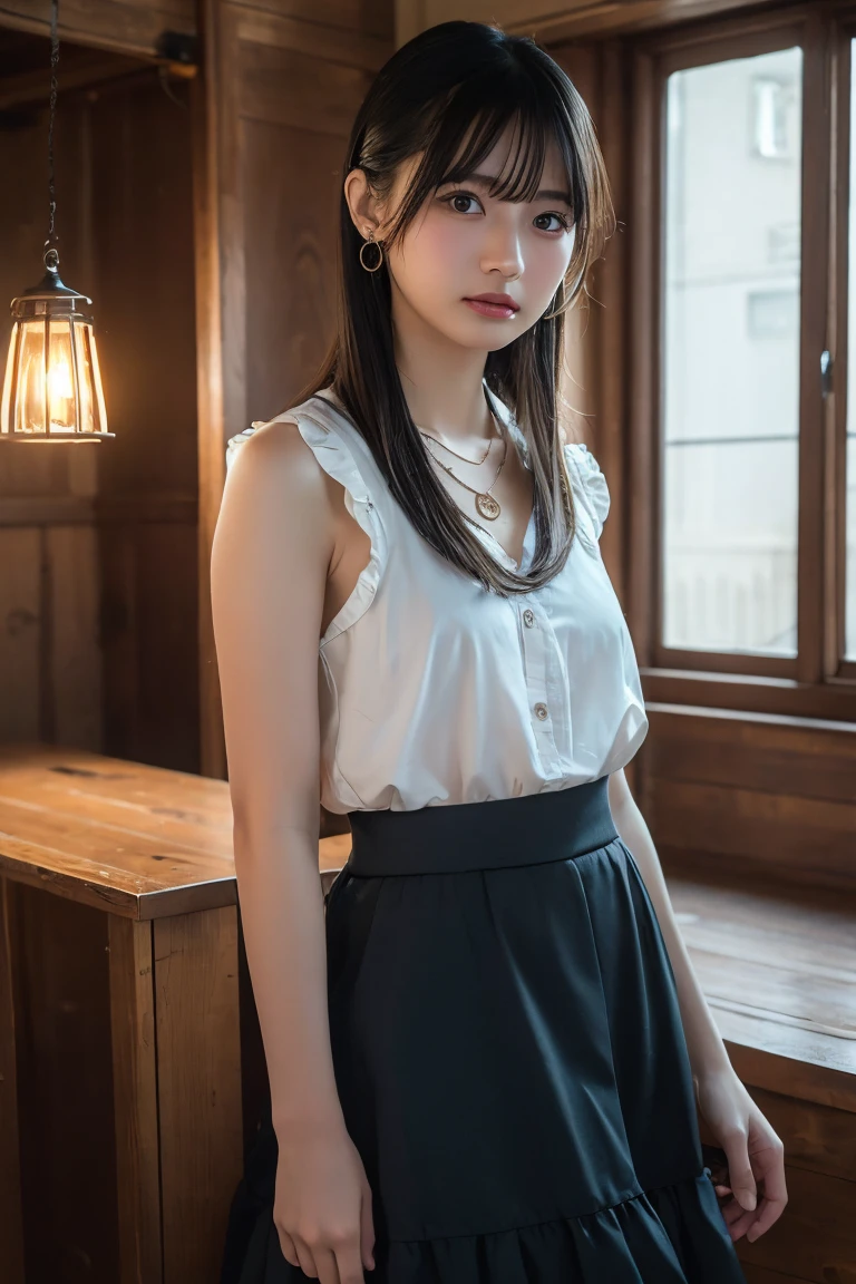 (Highest quality:1.4),(masterpiece:1.4),(Realistic:1.4),(Realistic:1.2),(超High resolution, RAW Photos:1.4),(High resolution, Ultra-detailed:1.2),(8k:1.2),View your viewers,Cinematic photography,One person,skeletally correct,Black-haired woman,Woman in her early 20s,(Small earrings,necklace,2Tiered ruffle sleeveless,Long skirt),(Western-style building interior,Dimly lit room,The lamplight shines on my cheeks)