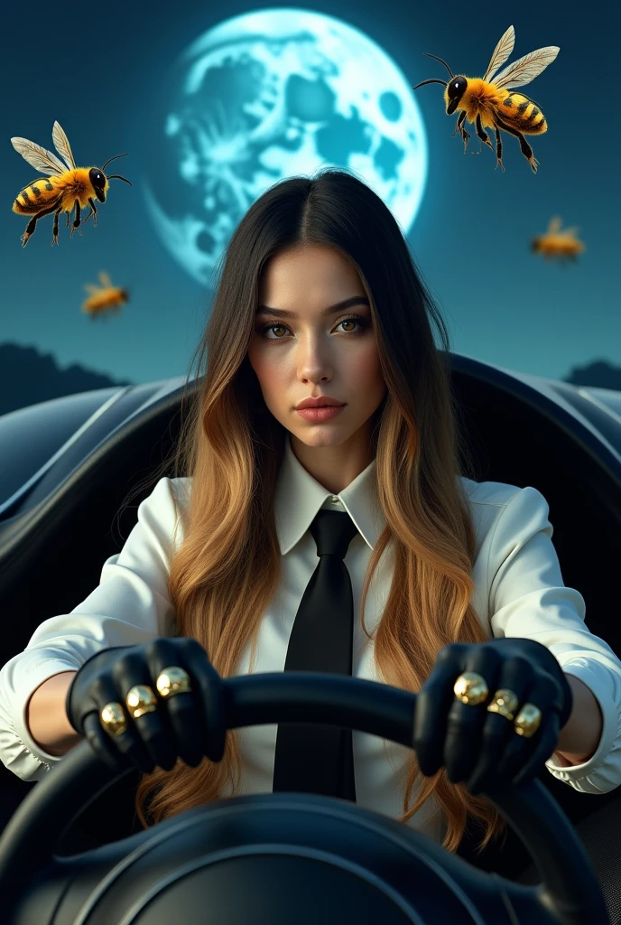 Woman with long black and blonde hair wearing a white blouse with a black tie, large black gloves with rings on her fingers, luxury rings. She has a bee antenna. 
 Inside a futuristic car.
 Background : with a blue moon and many bees flying