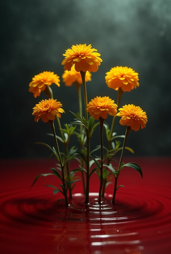 Seven yellow marigolds, leafless, spaced apart in a pool of blood.