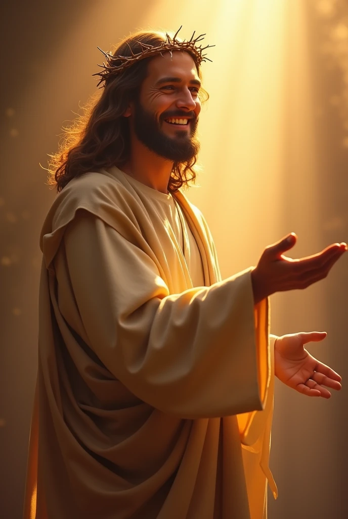 "Jesus Christ wearing a crown of thorns, with a warm and gentle smile on His face, reaching out His hand as if inviting or calling. His expression is full of love and kindness, radiating a welcoming and compassionate presence. The background is softly illuminated with a gentle light, enhancing the feeling of divine invitation and warmth."