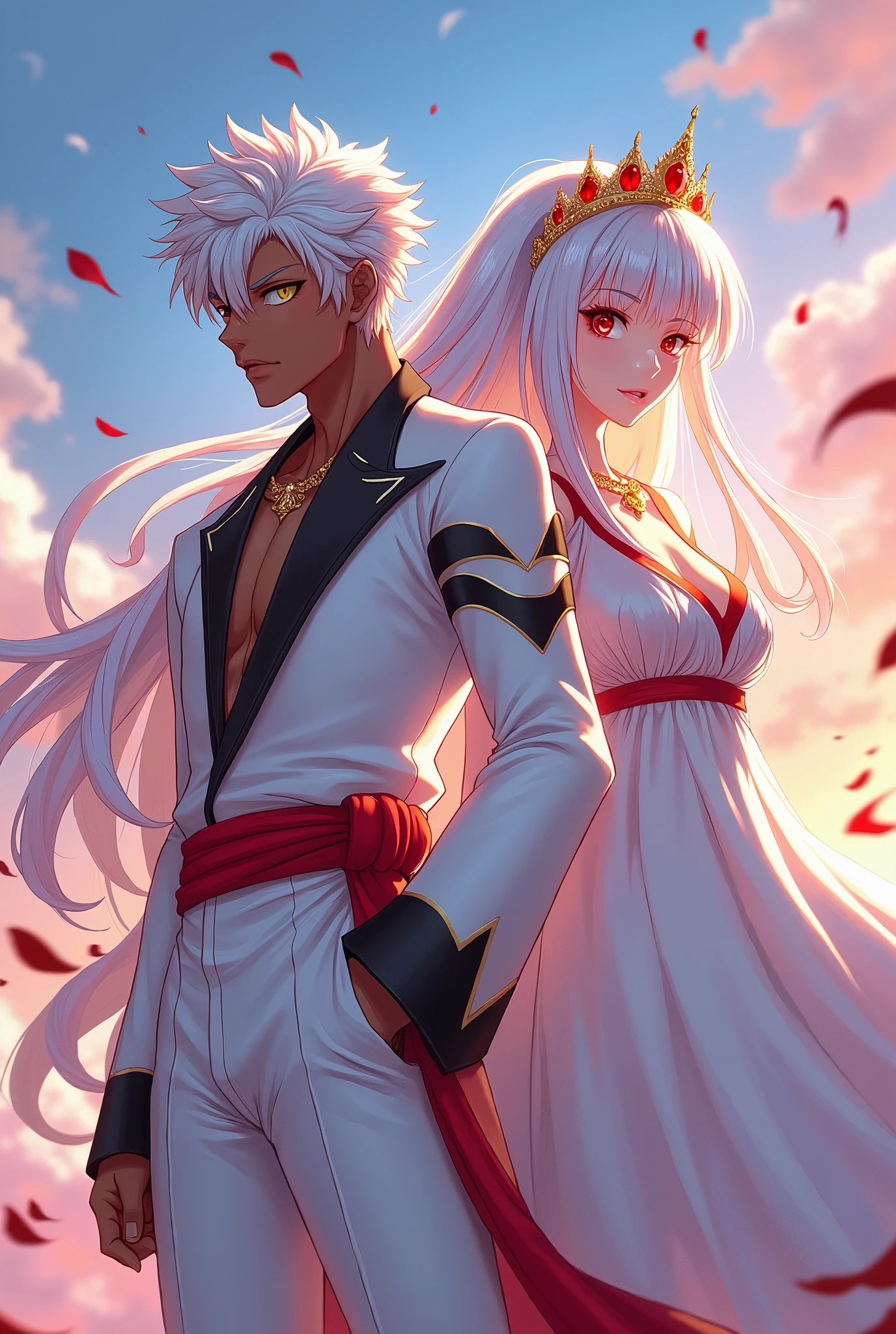 A black male anime character with white hair and golden pupils, wearing white clothes with black details, and behind him is a white woman with white hair, a red tiara, red pupils, and white clothes with red details.
