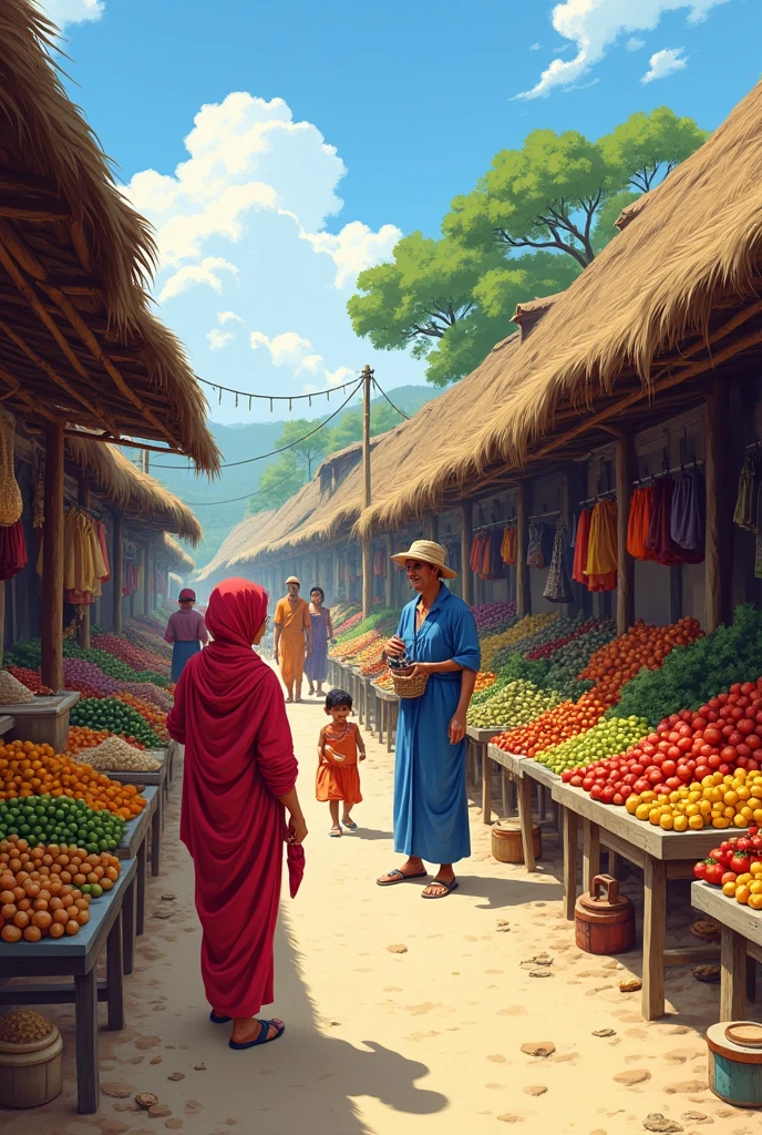 Village Market: A bustling market scene with villagers selling and buying goods.