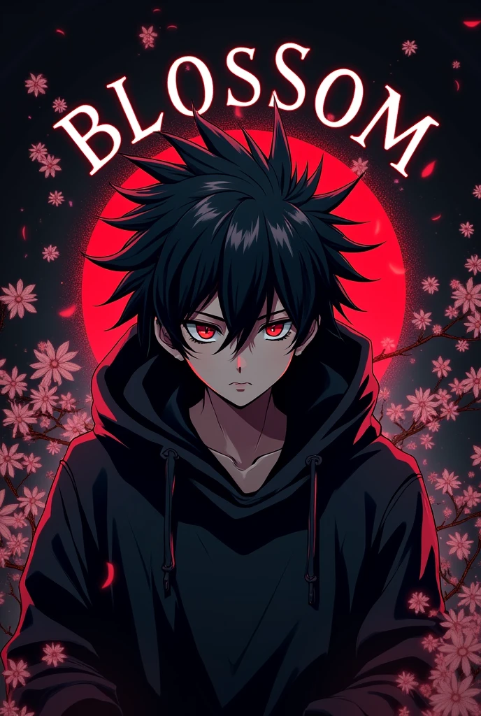 A Written logo for "Blossom tree" , White font , black background , Blood red colour , Anime boy involved , Spiky hair , black hoodie , red eyes , narrowed eye